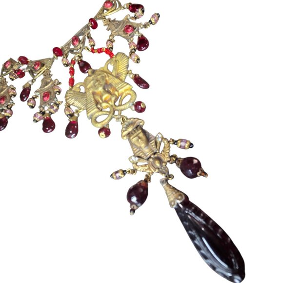 EGYPTIAN REVIVAL Massive Vintage Czech Ruby Glass Statement Necklace - Picture 3 of 6